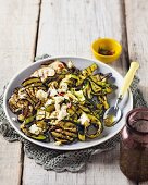 Grilled aubergine and courgette salad with feta cheese and chilies