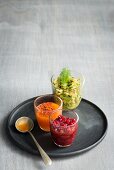 Granatapfelchutney, Gemüse-Avocado Salsa und Sweet Chili Creme