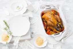 Roast guinea fowl with vegetables for Easter