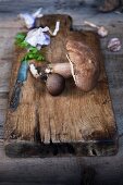 Fresh wild mushrooms and garlic on a rustic wooden chopping board
