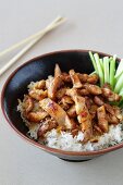 Teriyaki-Hähnchen mit Reis und Frühlingszwiebeln (Japan)