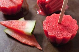 Homemade watermelon and strawberry ice lollies