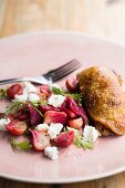 Crispy duck with young beetroot and goat's cheese