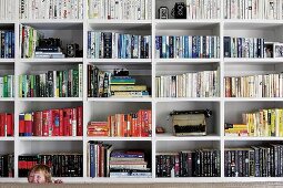 Detail of bookcase with books arranged by colour and vintage typewriter