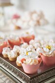 Hochzeits-Cupcakes auf Silbertablett fürs Hochzeitsbuffet