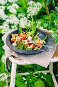 Pasta salad with roasted aubergines, tomatoes and mozzarella