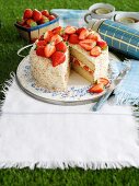 Sponge cake with coconut and strawberries for a picnic