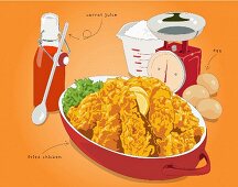 Fried chicken bits with ingredients (illustration)