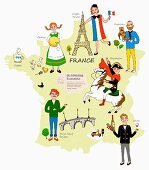 Symbolbild für Frankreich mit typischen Attraktionen auf Landkarte (llustration)