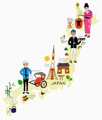An illustration of Japan depicting typical attractions on a map of the country