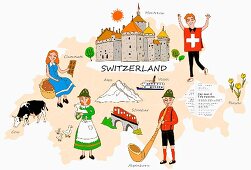 Symbolbild für die Schweiz mit typischen Attraktionen auf Landkarte (Illustration)