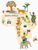 Symbolbild für Südafrika mit typischen Attraktionen auf Landkarte (Illustration)