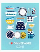 Various illustrations of kitchen utensils on a blue background (illustration)