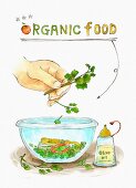 Salatschüssel mit Zutaten darüber Schriftzug Organic Food (Illustration)