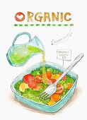 Symbolbild für Organic Food: Dressing wird über Salat gegossen (Illustration)
