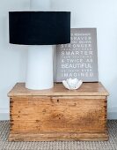 Modern lamp and picture with motto on top of vintage wooden trunk