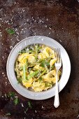 Tortelloni with asparagus, lemon sauce and Parmesan cheese