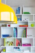 Books and colourful ornaments on white shelves; yellow pendant lamp in foreground