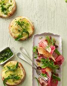 Mini potato pizzas with roasted dandelion pesto and striped beetroot salad with nashi pears