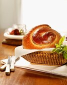 Olive bread spiral in a bread basket