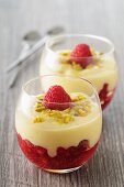 Panna cotta with raspberries and pistachio nuts