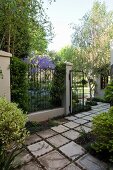 Right-angled, paved path with planted edges, fence of stone columns and climber-covered iron railings