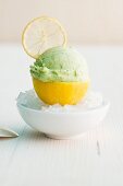 Lemon and basil ice cream served in a lemon skin