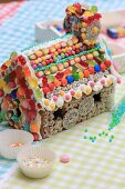 A colourfully decorated gingerbread house