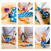Craft instructions for making pin board with pocket from chopping board and fabric