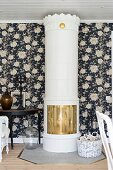 Swedish tiled stove against floral wallpaper