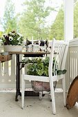 Bepflanzter Stuhl und eine antike Nähmaschine auf der Veranda
