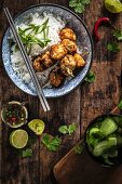Prawn and chicken meatballs with rice and chill sauce (Asia)