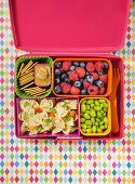 Pasta salad, beans, berries and crackers in a lunch box