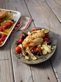 Fennel with chicken breast baked on a tray