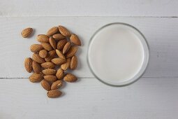 Almonds and a glass of almond milk