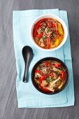 Spicy-sour soup with duck, bamboo shots, peppers, Chinese mushrooms and noodles
