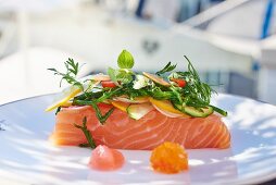 Raw salmon fillet with vegetable bouquet