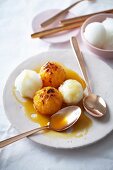 Honey and gin mandarins with a lime and coconut sorbet
