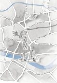 An illustrated map of London showing the area around Tower Bridge