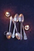 Old silver spoons, florists wire and Christmas tree candle holders for crafting