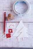 Stamp, sticky tape, stencils and a pencil for crafting