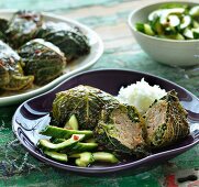 Savoy cabbage dolmas with cucumber salad