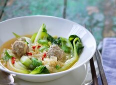 Asiatische Suppe mit Pak Choi, Reis und Rindfleischbällchen
