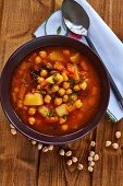 Vegan chickpeas soup with peppers (seen from above)