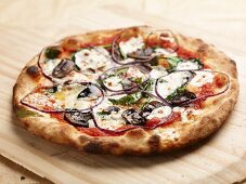 Mushroom, spinach and mozzarella pizza baked in a wood-fired oven