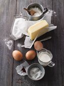 An arrangement of basic baking ingredients