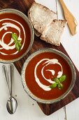 Tomato soup with cherry, crème fraîche and basil