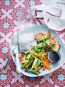 Salmon with rice noodles and vegetables (Asia)