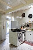 Counter and hunting trophies in open-plan kitchen