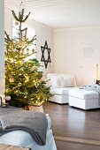 Lights on Christmas tree in living room with Star of David on wall